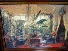 A LARGE MAHOGANY FRAMED PRINT ENTITLED ,CONSERVATORY, OVERALL SIZE INCLUDING FRAME - 116.5CM X