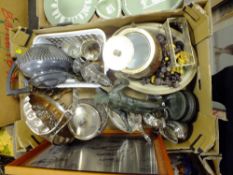 A BOX OF ASSORTED SILVER PLATE AND METALWARE ETC