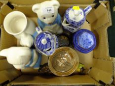 A TRAY OF WADE CERAMICS TO INCLUDE UNMARKED TEDDY BEAR FIGURES' LIDDED BLUE AND WHITE JUGS ETC.