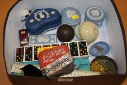 A BOX OF COLLECTABLES TO INC WEDGWOOD JASPERWARE TRINKET POT' VINTAGE HAND STITCHED BALL ETC