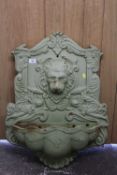 A CAST IRON LION MASK WALL WATER FEATURE, H 88 CM