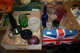 TWO TRAYS OF ASSORTED GLASSWARE TO INCLUDE STUDIO GLASS, DECANTERS ETC
