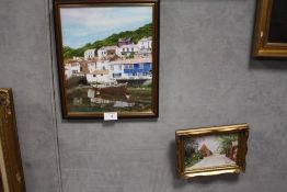 A FRAMED OIL ON BOARD DEPICTING A POLPERRO HARBOUR SCENE SIGNED R. WILKINSON, TOGETHER WITH A