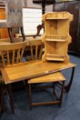 A RETRO TEAK OCCASIONAL TABLE WITH ANOTHER SMALL TABLE AND PINE CORNER UNIT (3)