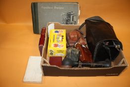 A BOX OF COLLECTABLES TO INCLUDE A BLOW HORN, PELHAM PUPPET ETC