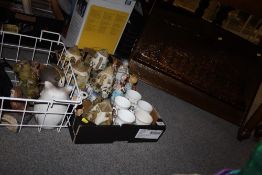 TWO BOXES OF ASSORTED CERAMICS TO INCLUDE OWL FIGURES, TEAPOT SHAPED COTTAGE FIGURES ETC. TOGETHER