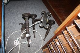 A MODERN CAST METAL DOUBLE BULB WALL LIGHT FITTING TOGETHER WITH A SINGLE BULB EXAMPLE