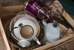 THREE TRAYS OF HOUSEHOLD CERAMICS, GLASS AND KITCHENALIA ETC.