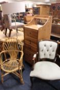 A MODERN TALL CHEST, MODERN ARMCHAIR, WICKER ARMCHAIR AND LAMP (4)