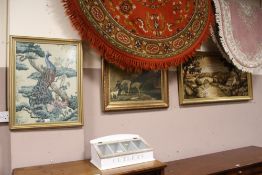 TWO LARGE FRAMED TAPESTRIES AND A FRAMED COUNTRY PRINT (3)