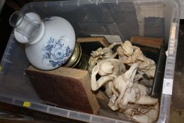 A BOX OF RESIN FIGURES, OIL LAMP ETC.
