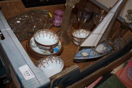 A TRAY OF GLASSWARE TO INCLUDE A PRESSED GLASS CANDLESTICK TOGETHER WITH ORIENTAL CUP AND SAUCERS