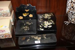 A COLLECTION OF ANTIQUE LACQUERWARE BOXES PLUS A LETTER RACK (5)