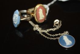 A SILVER AND WEDGWOOD JASPERWARE PENDANT ON CHAIN AND RING TOGETHER WITH ANOTHER