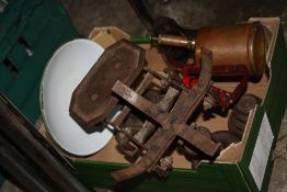 A SET OF VINTAGE SCALES & WEIGHTS TOGETHER WITH A BLOW LAMP