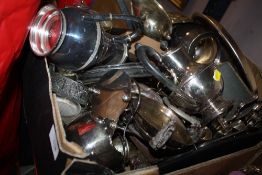 A TRAY OF SILVER PLATED METALWARE