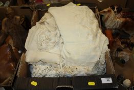 A TRAY OF VINTAGE TEXTILES, FURS ETC.