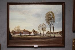 A FRAMED OIL ON BOARD DEPICTING COUNTRY BARNS INDISTINCTLY SIGNED LOWER RIGHT