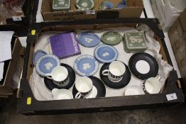 A TRAY OF ASSORTED WEDGWOOD JASPERWARE, SUSIE COOPER ETC.