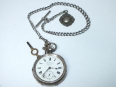 AN ANTIQUE SILVER ALBERT WATCH CHAIN & ANTIQUE SILVER POCKET WATCH