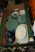 A TRAY OF DENBY DINNERWARE AND POOLE ANIMAL FIGURES