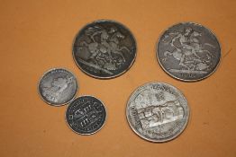 A SMALL QUANTITY OF COINAGE TO INCLUDE TWO 1889 VICTORIAN CROWNS, CANADIAN DOLLAR ETC. (5)