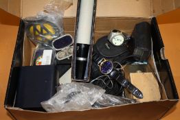 A BOX OF COLLECTABLES TO INCLUDE WRISTWATCHES, CAMERAS, AA BADGE ETC
