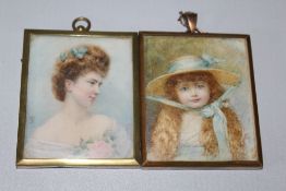 A PAIR OF 19TH CENTURY PORTRAIT WATERCOLOUR MINIATURES, depicting a lady and a young girl in a