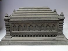 AN INDIAN JEWELLERY CASKET WITH PROFUSE BRASS INLAY S/D, of architectural form, the hinged lid