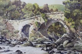 DONALD GRIEG (1916-2009). Wooded rocky river landscape with stone bridge 'Balgie Bridge', signed