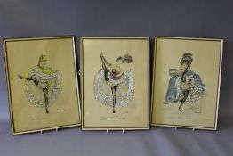 JANICOTTE (XX). A set of three 1950s Paris French Can Can girls, watercolours and pencils on