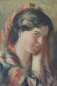(XIX-XX). Head and shoulder portrait study of a young woman with head covering, unsigned,