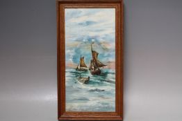A MINTON HOLLINS & CO HANDPAINTED RECTANGULAR TILE DECORATED WITH SAILING BOATS, in a contemporary