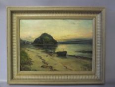 BP (XX). Coastal scene with moored boat and figure, oil on canvas, initialled and dated 76 lower