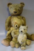 A LARGE VINTAGE PLAYWORN MOHAIR TEDDY BEAR, possibly Farnell or similar, jointed limbs with broad