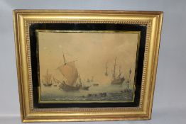 (XVIII-XIX). Dutch school, coastal scene with numerous sailing vessels and figures, unsigned,