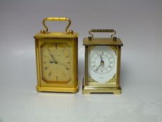 A MODERN MAPPIN & WEBB QUARTZ BRASS CASED CARRIAGE CLOCK, H 17 cm, together with a Metamec Chime