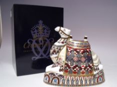 A ROYAL CROWN DERBY LARGE CAMEL PAPERWEIGHT, gold stopper, with box, H 17.5 cm, W 20 cm