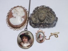 A 9CT GOLD OVAL CAMEO BROOCH WITH PIERCED BORDER, H 5.5 cm, together with a Victorian lava cameo