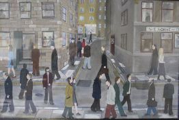 CRISPIN GILLBARD (XX). A street scene with numerous figures, signed lower left, oil on canvas on