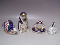 A COLLECTION OF ROYAL CROWN DERBY PAPERWEIGHTS, comprising a frog with gold stopper, boxed, Duck-