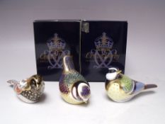 A ROYAL CROWN DERBY GREAT TIT PAPERWEIGHT, gold stopper, with box, L 11 cm, together with a Blue Tit