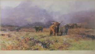 DAVID SHEPHERD (b.1931). Study of Highland cattle in a misty Highland landscape, signed in pencil
