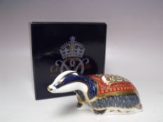 A ROYAL CROWN DERBY COLLECTORS GUILD MOONLIGHT BADGER PAPERWEIGHT, gold stopper, with box, L 16 cm