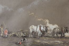 JAMES DUFFIELD HARDING (1798-1863). Ploughing scene with horses, figures and dog, see label verso,