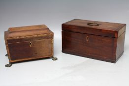 A 19TH CENTURY MAHOGANY TEA CADDY, three lined compartments, herringbone design to rear, W 25 cm,
