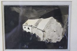 CIRCLE OF JOHN KYFFIN WILLIAMS (1918-2006). Welsh farmhouse in stormy mountainous landscape, 'Mynydd