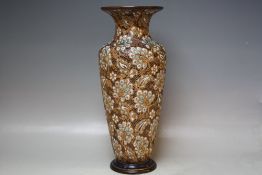 A TALL DOULTON LAMBETH SLATERS PATENT DECORATIVE STONEWARE VASE, of baluster form with flared rim,