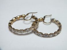 A PAIR OF 9CT GOLD AND CUBIC ZIRCONIA HOOP EARRINGS, marked 375 to posts, hoop Dia. 3.4 cm,