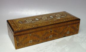 A VICTORIAN GLOVE BOX WITH EXTENSIVE BRASS AND MOTHER OF PEARL INLAY, of rectangular form, the